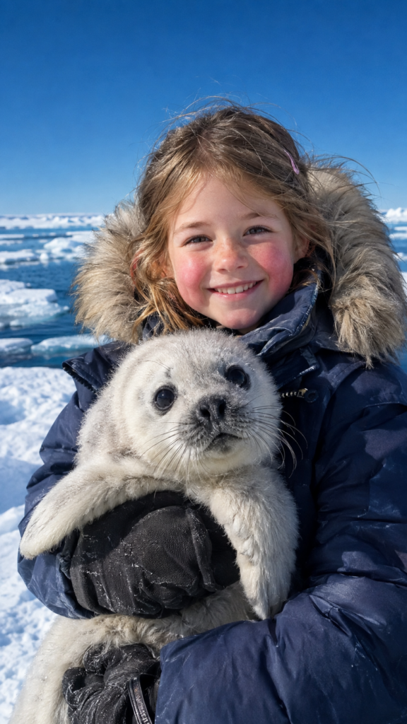 realistic Foto in 9:16 from a cute little girl with light brown hair, wearing a thick winter coat, is standing at the South Pole, holding a young seal in her arms. She smiles happily at the camera. The icy sea can be seen in the background. A clear, blue sky.
