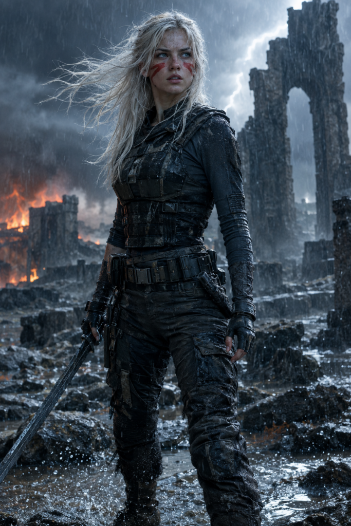 Photorealistic cinematic portrait of a young adult warrior woman in her mid-twenties, long straight white hair whipped by wind, large expressive pale eyes, bold red war paint striped across her cheeks, rain-soaked skin. She wears practical armored tactical gear: a reinforced dark vest over a fitted long-sleeve underlayer, utility belt, dark combat trousers and worn boots. Standing braced in a stormy landscape among shattered stone ruins, water splashing up from puddles around her feet, sheets of rain, dramatic high-contrast lighting with a flash of lightning raking across the ruins, cinematic haze, cold blue-grey palette with a warm accent from distant fire, shallow depth of field, shot on 85mm f/1.8, tense heroic atmosphere, ultra detailed, natural skin tones, high dynamic range, 9:16 portrait orientation
