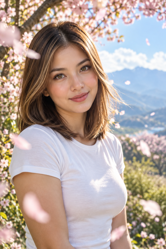 A stunningly elegant and cute Asian teenage girl with long, straight hazelnut full open hair and blond highlights, in a perfect shoulder length bob cut, with a (realistically detailed angelic round face) and (realistically detailed hazelnut eyes) looking pensively at the camera, wearing a (super short, tight white plain t-shirt). She is standing in front of a beautiful cherry blossom tree with a gentle breeze blowing the petals around her. The background is a serene mountain landscape with a clear blue sky and fluffy white clouds. The lighting is soft and warm, with a golden glow from the sun peeking through the trees. The girl has a playful smile on her face. The composition is dynamic, with the girl positioned slightly off-center to create a sense of movement and depth. She stands in front of the viewer.