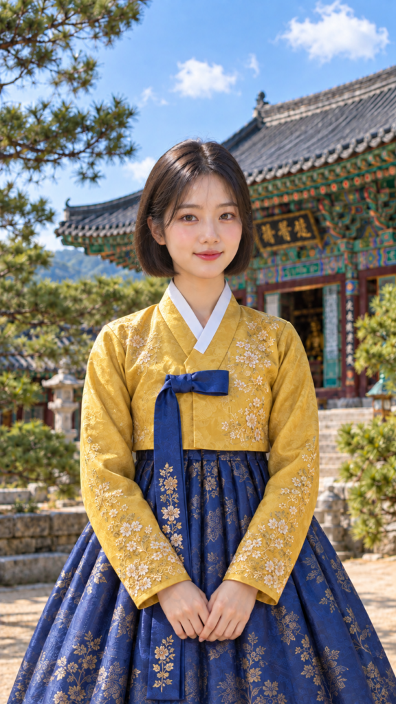 Mach mir ein farbenfrohes, detailliertes Portrait in 9:16 von einer jungen Koreanerin im traditionellen Hanbok. Im Hintergrund ist ein typischer, koreanischer Tempel zu sehen. Der Himmel ist blau mit ein paar weissen Wolken. Das Bild wirkt friedlich.