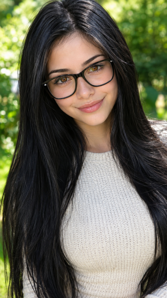 portrait from a stunningly beautiful young nerd girl, wearing a large, dark prescription glasses, age 18, with ((black long straight jet super soft hair (luminous)), flowing down to her waist, and (((bright amber eyes))), that match perfectly with her flawless complexion. She’s dressed in a tight ((wool sweater)), perfectly complemented by her (perfectly proportioned figure). Her look exudes seduction and playfulness, as she gazes directly at the viewer, all against a sunny green backdrop