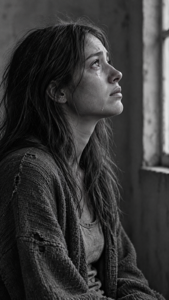 Create me a photo in 9:16: black and white detailed photo: a young girl. She is poor and scantily tattered dressed in a cropped tank top, deep v-neck, busty. ((She cries and thick tears roll down her cheeks)). She is alone. Her long straight slightly wavy hair is disheveled and dirty. She looks sadly up, side view.