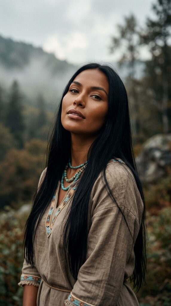 The camera is positioned above her eye level and angled downward. She gently tilts her face upward and looks directly into the lens with a sensual, softly confident expression and slightly parted, full lips. Her torso is turned at a subtle three-quarter angle, with relaxed shoulders and a natural, elegant posture. She wears a tasteful Native American-inspired outfit made from natural fabrics, with understated earth tones and delicate beadwork, without a ceremonial headdress. A moody natural landscape surrounds her, featuring soft mist, muted foliage, and a gently blurred background. Soft cinematic lighting, delicate rim light along her black hair, realistic skin texture, finely detailed fabric, shallow depth of field, atmospheric color grading, anatomically correct proportions, elegant fashion photography.