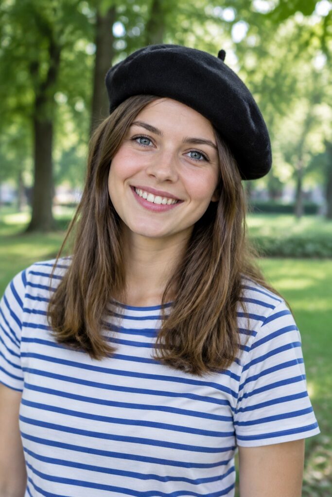 a realistic Foto from an attractive young French woman with long, soft straight brown hair down to her shoulders. She is wearing only a simple blue and white horizontally striped T-shirt and a black beret. She has soft blue eyes and a flawless, round face. Joy. She is standing in a green park with lots of trees.