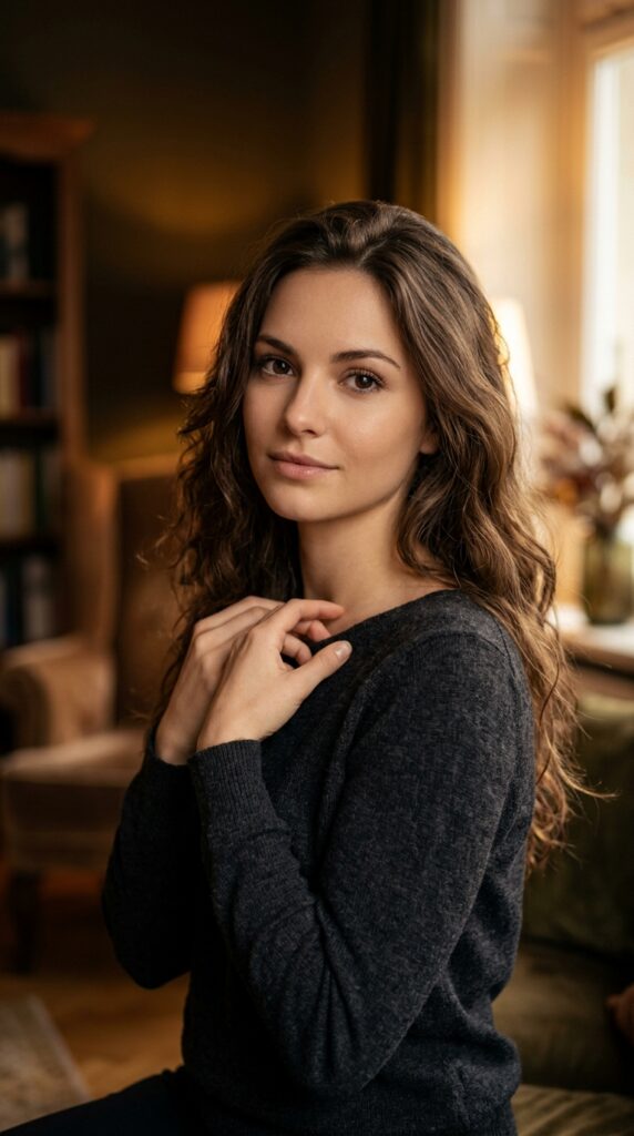 Mach mir ein wunderschönes sinnliches Portrait von einer jungen Frau. Sie hat braunes, langes Haar und schöne grosse dunkle Augen. Ihre Haut ist makellos und sie trägt einen dunklen feinen Wollpullover. Der Hintergrund ist in weichem, sinnlichen Licht. Das Bild ist in 9:16.