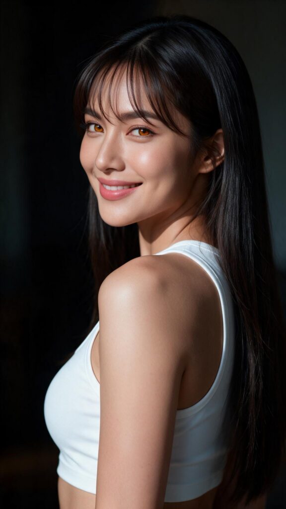 Ultra-realistic vertical 9:16 editorial fashion portrait photograph of an adult woman, age 20+, upper-body framing, elegant side-profile pose with her face gently turned toward the camera, warm inviting smile, softly tinted pink lips, luminous amber-brown eyes, Korean-inspired wispy bangs, meticulously detailed long straight dark hair, fitted white cropped tank top. Beautiful natural curved silhouette, tasteful and non-sexualized styling. Rich yet natural color saturation, cinematic deep shadows, shallow depth of field, premium fashion-photography lighting, realistic skin texture, refined composition, ultra-high-resolution aesthetic, uncluttered dark softly blurred background.
