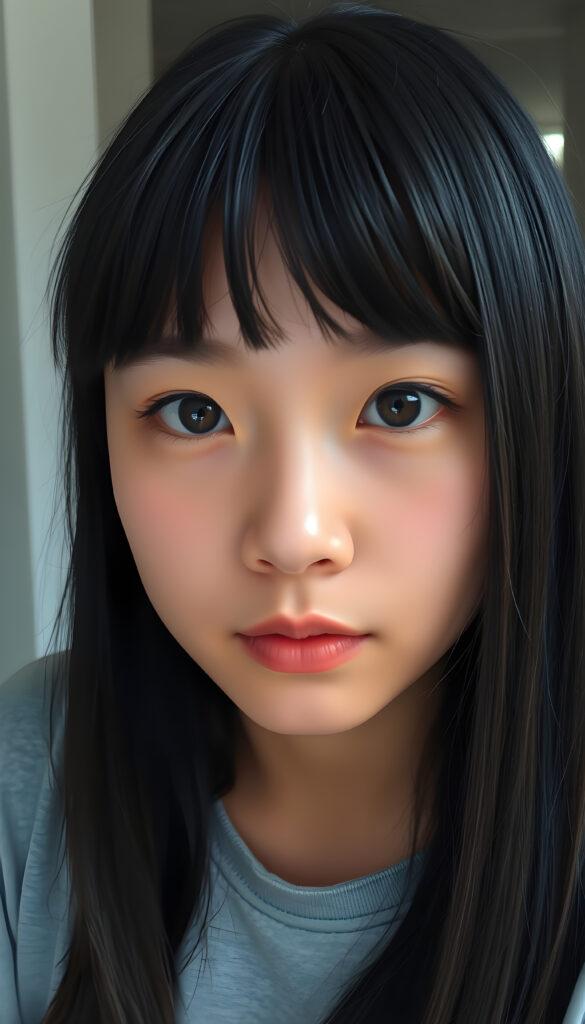 Face of an Asian teen girl with large, black, round amber brown doe eyes that sparkle, round face, blue-black, straight hair framing the face, bangs, she wears a light grey t-shirt