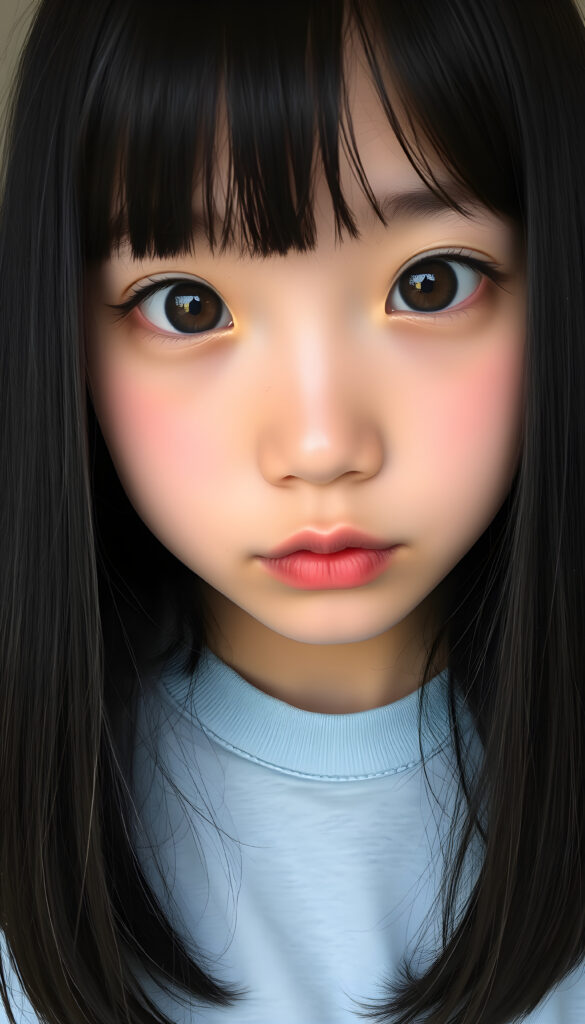 Face of an Asian teen girl with large, black, round amber brown doe eyes that sparkle, round face, blue-black, straight hair framing the face, bangs, she wears a light grey t-shirt