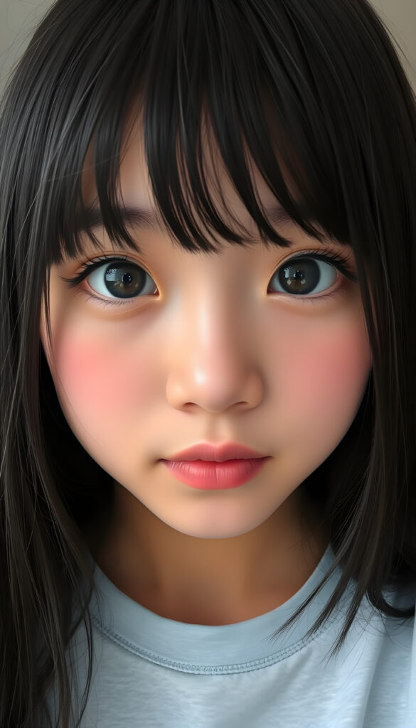 Face of an Asian teen girl with large, black, round amber brown doe eyes that sparkle, round face, blue-black, straight hair framing the face, bangs, she wears a light grey t-shirt