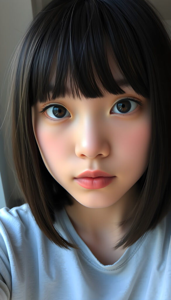 Face of an Asian teen girl with large, black, round amber brown doe eyes that sparkle, round face, blue-black, straight hair framing the face, bangs, she wears a light grey t-shirt
