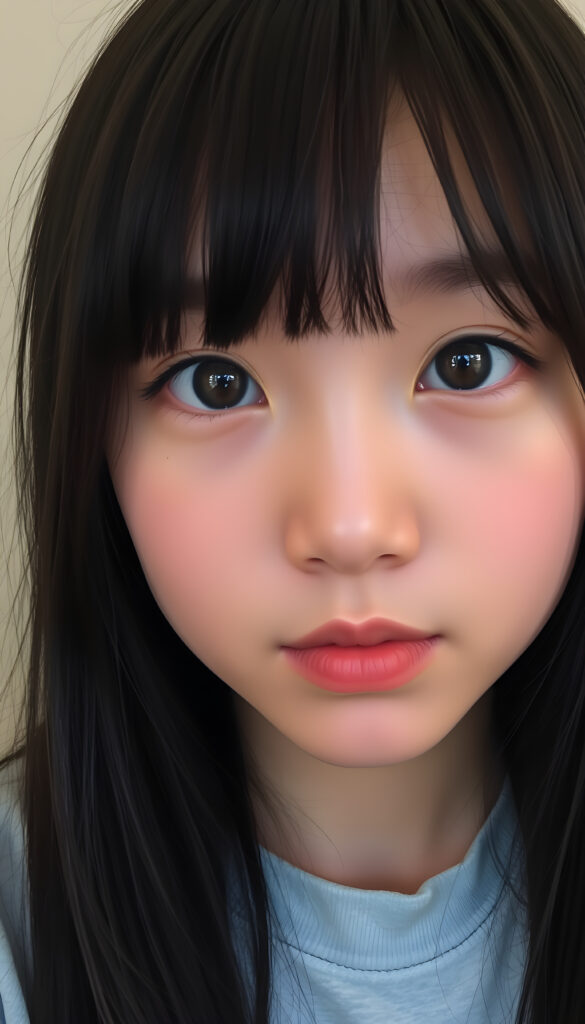 Face of an Asian teen girl with large, black, round amber brown doe eyes that sparkle, round face, blue-black, straight hair framing the face, bangs, she wears a light grey t-shirt
