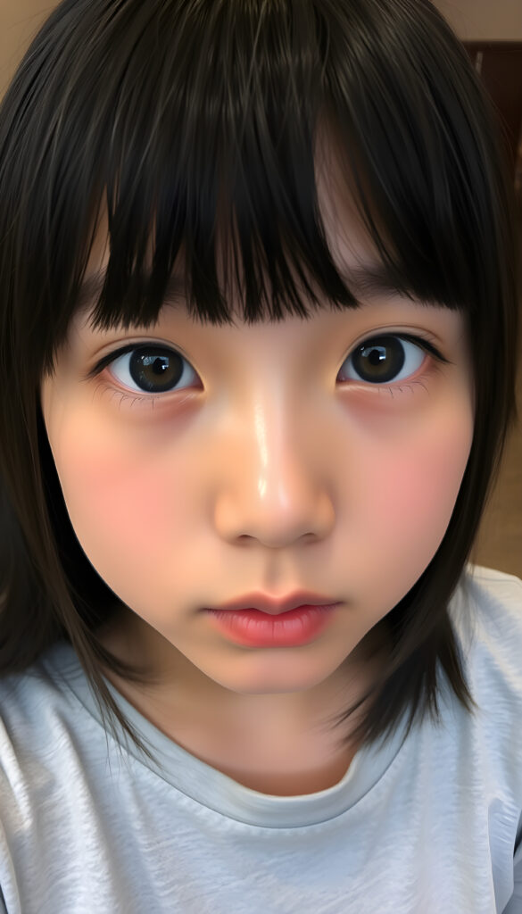 Face of an Asian teen girl with large, black, round amber brown doe eyes that sparkle, round face, blue-black, straight hair framing the face, bangs, she wears a light grey t-shirt