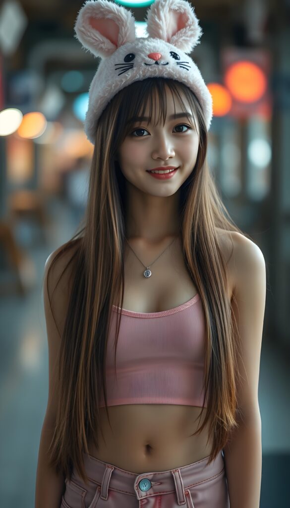 Full Body shot from a young Asian girl with long, straight open soft light brown hair and black highlights, wears fluffy small pink bunny ears cap and a pink spaghetti cropped tank top and pink jeans pants, shows her small belly button, sweat smile, dark eyes. Stunning, gorgeous. HDR and 4k.