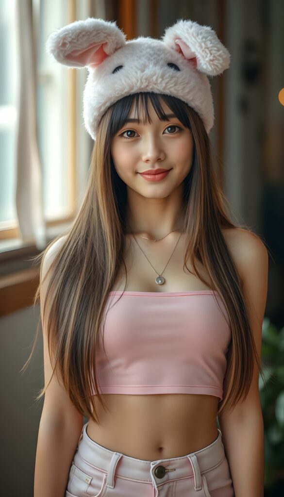 Full Body shot from a young Asian girl with long, straight open soft light brown hair and black highlights, wears fluffy small pink bunny ears cap and a pink spaghetti cropped tank top and pink jeans pants, shows her small belly button, sweat smile, dark eyes. Stunning, gorgeous. HDR and 4k.