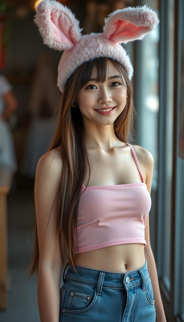 Full Body shot from a young Asian girl with long, straight open soft light brown hair and black highlights, wears fluffy small pink bunny ears cap and a pink spaghetti cropped tank top and pink jeans pants, shows her small belly button, sweat smile, dark eyes. Stunning, gorgeous. HDR and 4k.