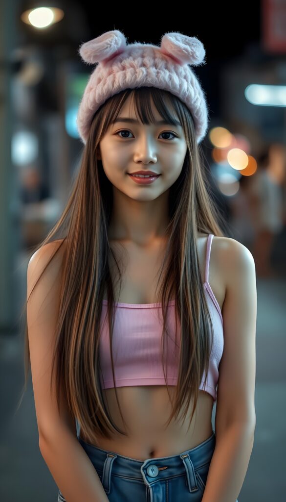 Full Body shot from a young Asian girl with long, straight open soft light brown hair and black highlights, wears fluffy small pink bunny ears cap and a pink spaghetti cropped tank top and pink jeans pants, shows her small belly button, sweat smile, dark eyes. Stunning, gorgeous. HDR and 4k.