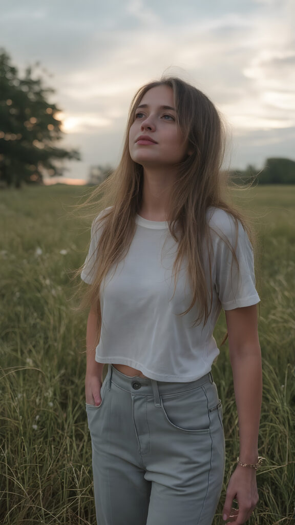 ((Full body photo)) of a stunning, ((beautiful)), ((slender)), ((fit body)), young woman with long ((soft straight hair)) that gently ((blows in the wind)) and ((dark blue eyes)), ((rounded red lips)), that are ((perfectly painted)) onto her face, suggesting a serene moment of happiness. She wears a ((white cropped t-shirt)) and a ((short denim pants)), ((comfortable loose trousers)), while ((standing)) in a ((natural grassy meadow)), ((looking up at the ((darkly stormy sky))) and ((the warm (softly glowing) sunset rays)) that mimic the gentle light of a sunset, perfectly capturing the essence of a (happy, natural moment).
