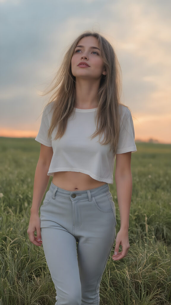 ((Full body photo)) of a stunning, ((beautiful)), ((slender)), ((fit body)), young woman with long ((soft straight hair)) that gently ((blows in the wind)) and ((dark blue eyes)), ((rounded red lips)), that are ((perfectly painted)) onto her face, suggesting a serene moment of happiness. She wears a ((white cropped t-shirt)) and a ((short denim pants)), ((comfortable loose trousers)), and ((sandals)) while ((standing)) in a ((natural grassy meadow)), ((looking up at the ((darkly stormy sky))) and ((the warm (softly glowing) sunset rays)) that mimic the gentle light of a sunset, perfectly capturing the essence of a (happy, natural moment).