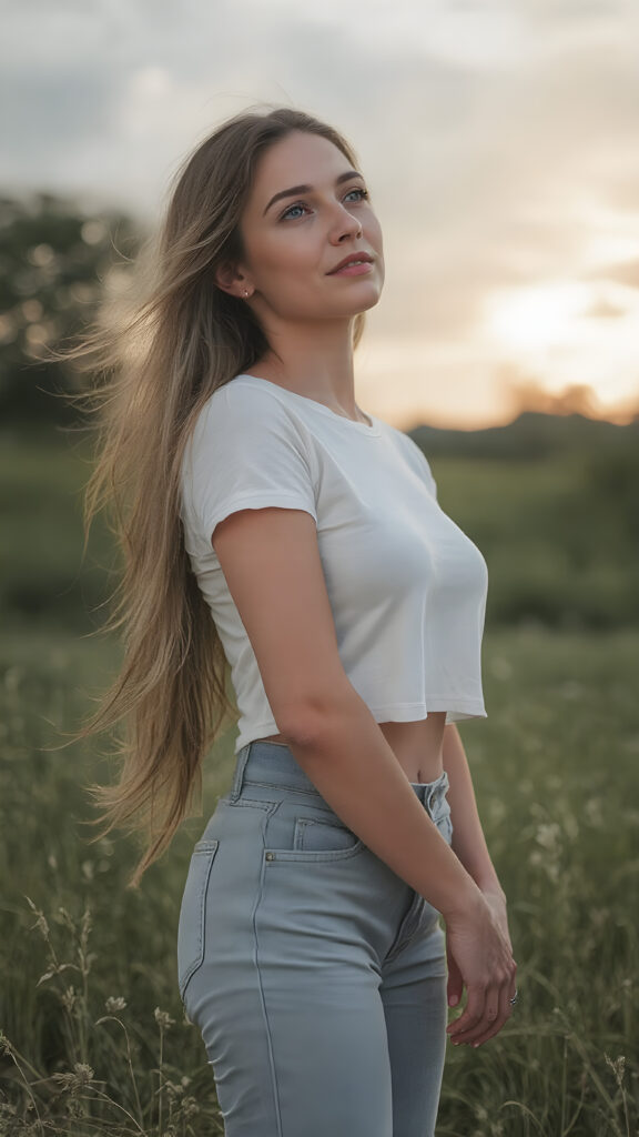 ((Full body photo)) of a stunning, ((beautiful)), ((slender)), ((fit body)), young woman with long ((soft straight hair)) that gently ((blows in the wind)) and ((dark blue eyes)), ((rounded red lips)), that are ((perfectly painted)) onto her face, suggesting a serene moment of happiness. She wears a ((white cropped t-shirt)) and a ((short denim pants)), ((comfortable loose trousers)), while ((standing)) in a ((natural grassy meadow)), ((looking up at the ((darkly stormy sky))) and ((the warm (softly glowing) sunset rays)) that mimic the gentle light of a sunset, perfectly capturing the essence of a (happy, natural moment).
