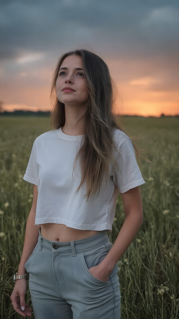 ((Full body photo)) of a stunning, ((beautiful)), ((slender)), ((fit body)), young woman with long ((soft straight hair)) that gently ((blows in the wind)) and ((dark blue eyes)), ((rounded red lips)), that are ((perfectly painted)) onto her face, suggesting a serene moment of happiness. She wears a ((white cropped t-shirt)) and a ((short denim pants)), ((comfortable loose trousers)), while ((standing)) in a ((natural grassy meadow)), ((looking up at the ((darkly stormy sky))) and ((the warm (softly glowing) sunset rays)) that mimic the gentle light of a sunset, perfectly capturing the essence of a (happy, natural moment).