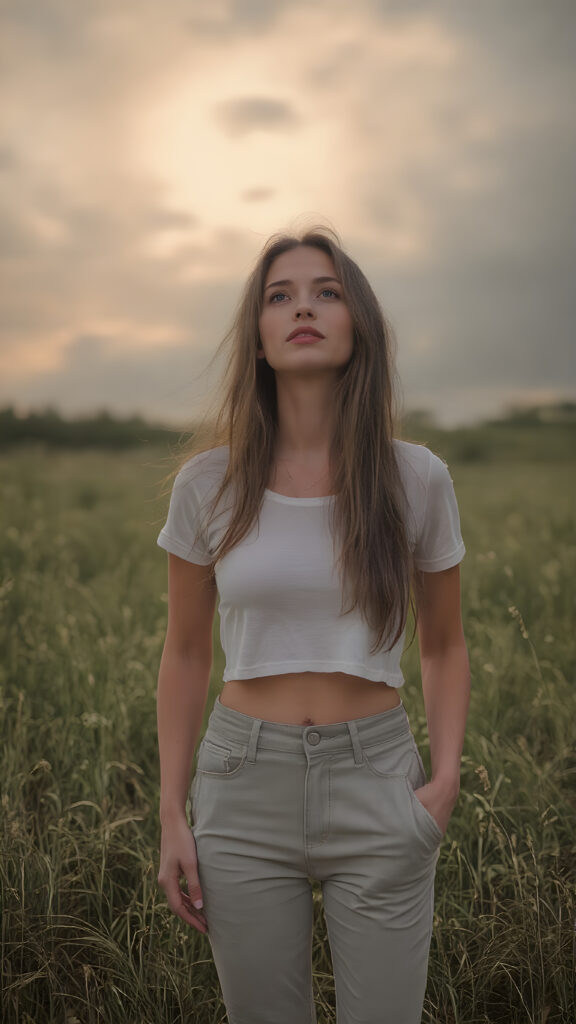 ((Full body photo)) of a stunning, ((beautiful)), ((slender)), ((fit body)), young woman with long ((soft straight hair)) that gently ((blows in the wind)) and ((dark blue eyes)), ((rounded red lips)), that are ((perfectly painted)) onto her face, suggesting a serene moment of happiness. She wears a ((white cropped t-shirt)) and a ((short denim pants)), ((comfortable loose trousers)), while ((standing)) in a ((natural grassy meadow)), ((looking up at the ((darkly stormy sky))) and ((the warm (softly glowing) sunset rays)) that mimic the gentle light of a sunset, perfectly capturing the essence of a (happy, natural moment).