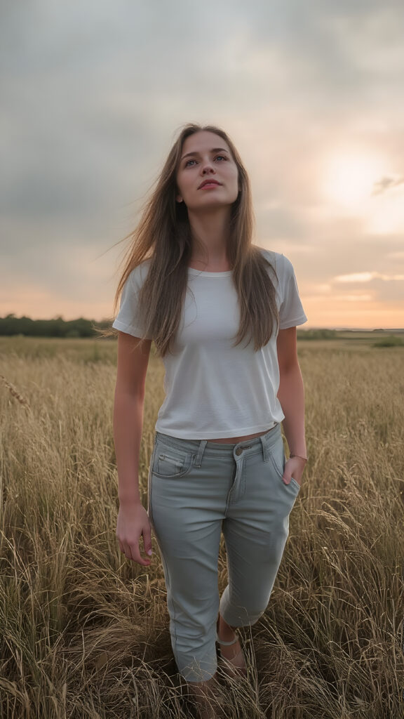 ((Full body photo)) of a stunning, ((beautiful)), ((slender)), ((fit body)), young woman with long ((soft straight hair)) that gently ((blows in the wind)) and ((dark blue eyes)), ((rounded red lips)), that are ((perfectly painted)) onto her face, suggesting a serene moment of happiness. She wears a ((white cropped t-shirt)) and a ((short denim pants)), ((comfortable loose trousers)), and ((sandals)) while ((standing)) in a ((natural grassy meadow)), ((looking up at the ((darkly stormy sky))) and ((the warm (softly glowing) sunset rays)) that mimic the gentle light of a sunset, perfectly capturing the essence of a (happy, natural moment).