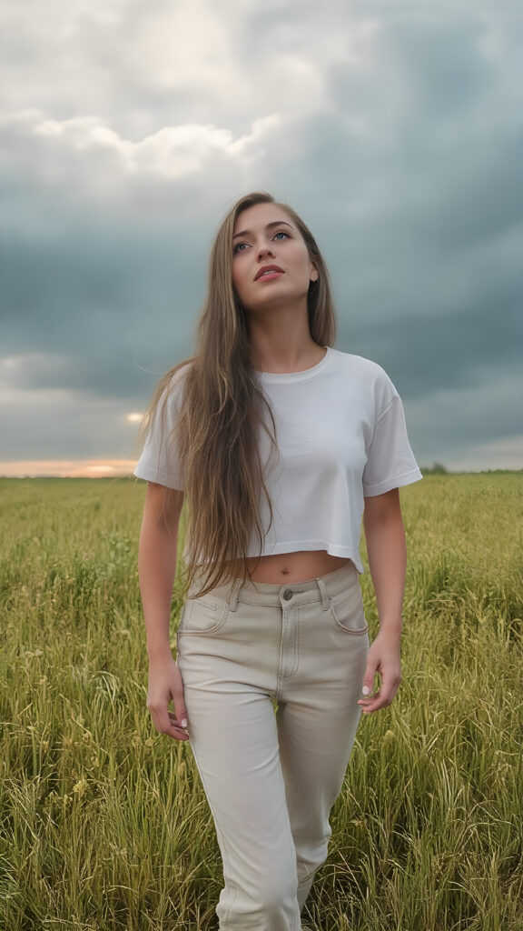 ((Full body photo)) of a stunning, ((beautiful)), ((slender)), ((fit body)), young woman with long ((soft straight hair)) that gently ((blows in the wind)) and ((dark blue eyes)), ((rounded red lips)), that are ((perfectly painted)) onto her face, suggesting a serene moment of happiness. She wears a ((white cropped t-shirt)) and a ((short denim pants)), ((comfortable loose trousers)), and ((sandals)) while ((standing)) in a ((natural grassy meadow)), ((looking up at the ((darkly stormy sky))) and ((the warm (softly glowing) sunset rays)) that mimic the gentle light of a sunset, perfectly capturing the essence of a (happy, natural moment).