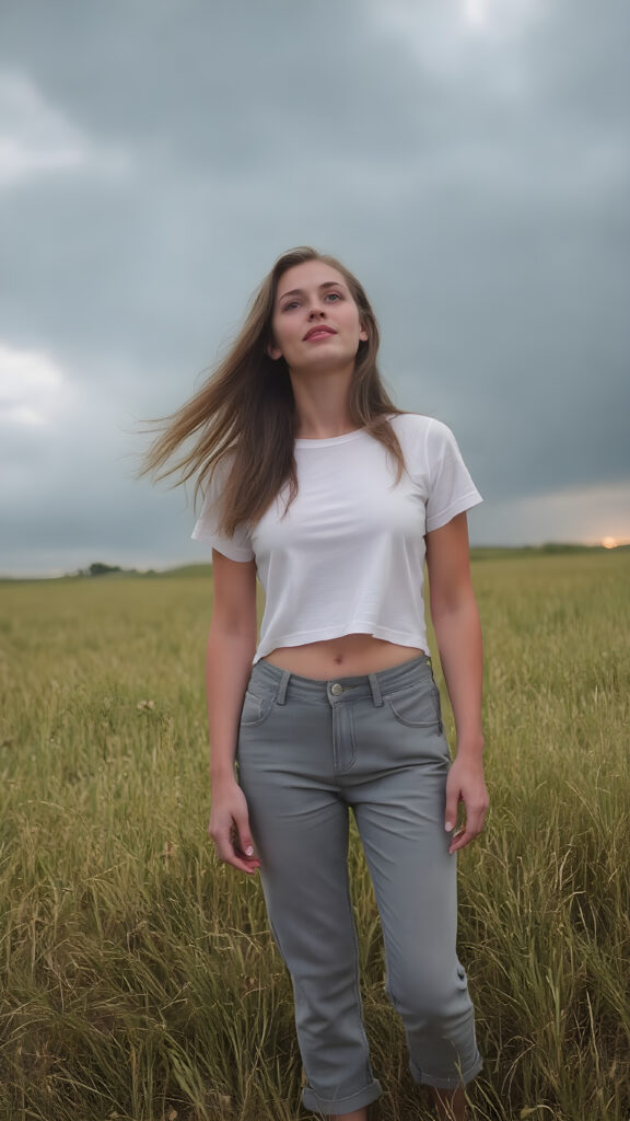 ((Full body photo)) of a stunning, ((beautiful)), ((slender)), ((fit body)), young woman with long ((soft straight hair)) that gently ((blows in the wind)) and ((dark blue eyes)), ((rounded red lips)), that are ((perfectly painted)) onto her face, suggesting a serene moment of happiness. She wears a ((white cropped t-shirt)) and a ((short denim pants)), ((comfortable loose trousers)), and ((sandals)) while ((standing)) in a ((natural grassy meadow)), ((looking up at the ((darkly stormy sky))) and ((the warm (softly glowing) sunset rays)) that mimic the gentle light of a sunset, perfectly capturing the essence of a (happy, natural moment).