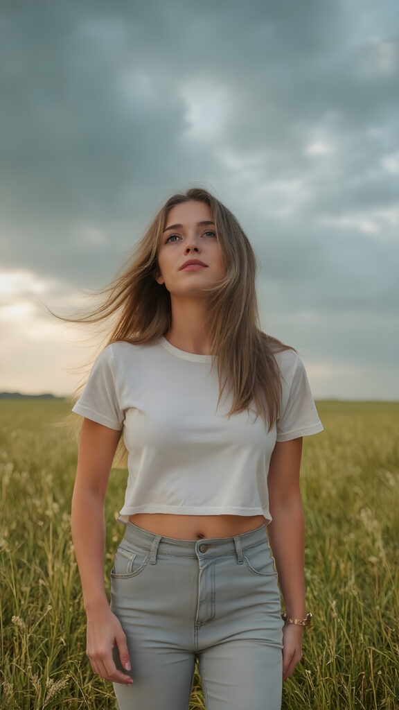 ((Full body photo)) of a stunning, ((beautiful)), ((slender)), ((fit body)), young woman with long ((soft straight hair)) that gently ((blows in the wind)) and ((dark blue eyes)), ((rounded red lips)), that are ((perfectly painted)) onto her face, suggesting a serene moment of happiness. She wears a ((white cropped t-shirt)) and a ((short denim pants)), ((comfortable loose trousers)), while ((standing)) in a ((natural grassy meadow)), ((looking up at the ((darkly stormy sky))) and ((the warm (softly glowing) sunset rays)) that mimic the gentle light of a sunset, perfectly capturing the essence of a (happy, natural moment).