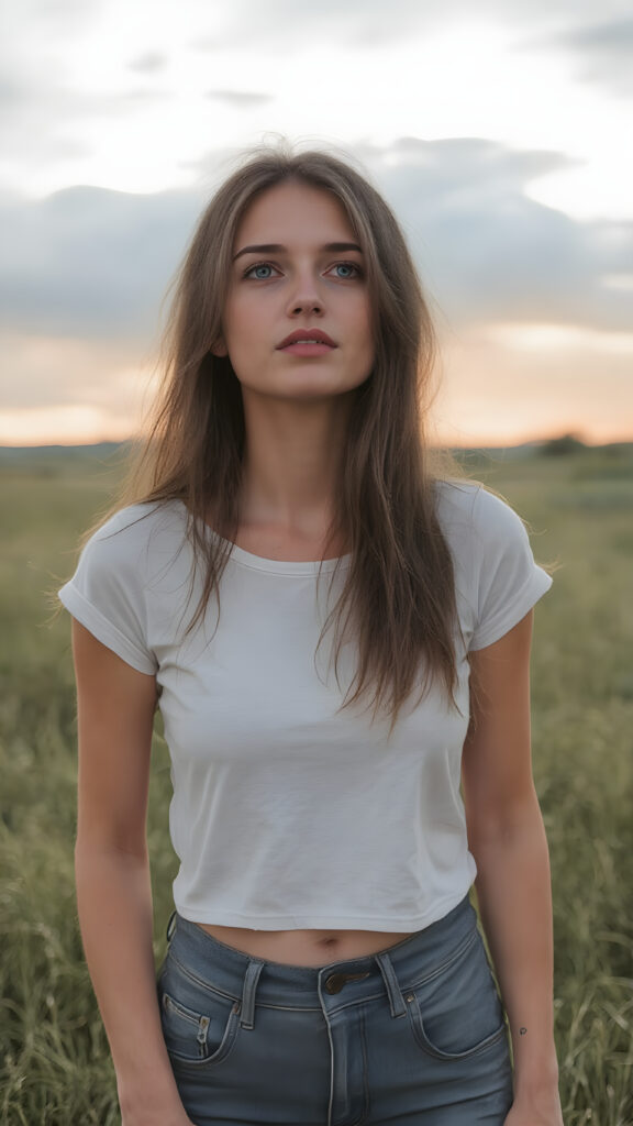 ((Full body photo)) of a stunning, ((beautiful)), ((slender)), ((fit body)), young woman with long ((soft straight hair)) that gently ((blows in the wind)) and ((dark blue eyes)), ((rounded red lips)), that are ((perfectly painted)) onto her face, suggesting a serene moment of happiness. She wears a ((white cropped t-shirt)) and a ((short denim pants)), ((comfortable loose trousers)), while ((standing)) in a ((natural grassy meadow)), ((looking up at the ((darkly stormy sky))) and ((the warm (softly glowing) sunset rays)) that mimic the gentle light of a sunset, perfectly capturing the essence of a (happy, natural moment).