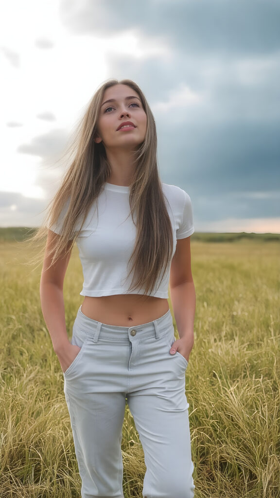 ((Full body photo)) of a stunning, ((beautiful)), ((slender)), ((fit body)), young woman with long ((soft straight hair)) that gently ((blows in the wind)) and ((dark blue eyes)), ((rounded red lips)), that are ((perfectly painted)) onto her face, suggesting a serene moment of happiness. She wears a ((white cropped t-shirt)) and a ((short denim pants)), ((comfortable loose trousers)), and ((sandals)) while ((standing)) in a ((natural grassy meadow)), ((looking up at the ((darkly stormy sky))) and ((the warm (softly glowing) sunset rays)) that mimic the gentle light of a sunset, perfectly capturing the essence of a (happy, natural moment).