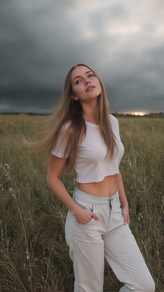 ((Full body photo)) of a stunning, ((beautiful)), ((slender)), ((fit body)), young woman with long ((soft straight hair)) that gently ((blows in the wind)) and ((dark blue eyes)), ((rounded red lips)), that are ((perfectly painted)) onto her face, suggesting a serene moment of happiness. She wears a ((white cropped t-shirt)) and a ((short denim pants)), ((comfortable loose trousers)), and ((sandals)) while ((standing)) in a ((natural grassy meadow)), ((looking up at the ((darkly stormy sky))) and ((the warm (softly glowing) sunset rays)) that mimic the gentle light of a sunset, perfectly capturing the essence of a (happy, natural moment).