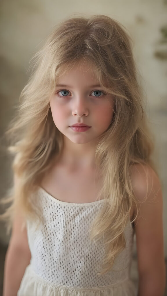 Full body view of a (((beautiful young girl))), with flowing, (((long, wavy hair))), that softly flows like a waterfall, cascading down to her shoulders and framing her face in a halo. Her skin is as (((pale as porcelain))), with a (warm, inviting glow) surrounding her, emanating from her hair and illuminating her face and shoulders. She's dressed in a ((white, eyelet dress)) that complements her outfit; its elegant design and luxurious details reflect the style of classic Hollywood. The scene creates a breathtaking fantasy atmosphere, evoking a sense of wonder and elegance
