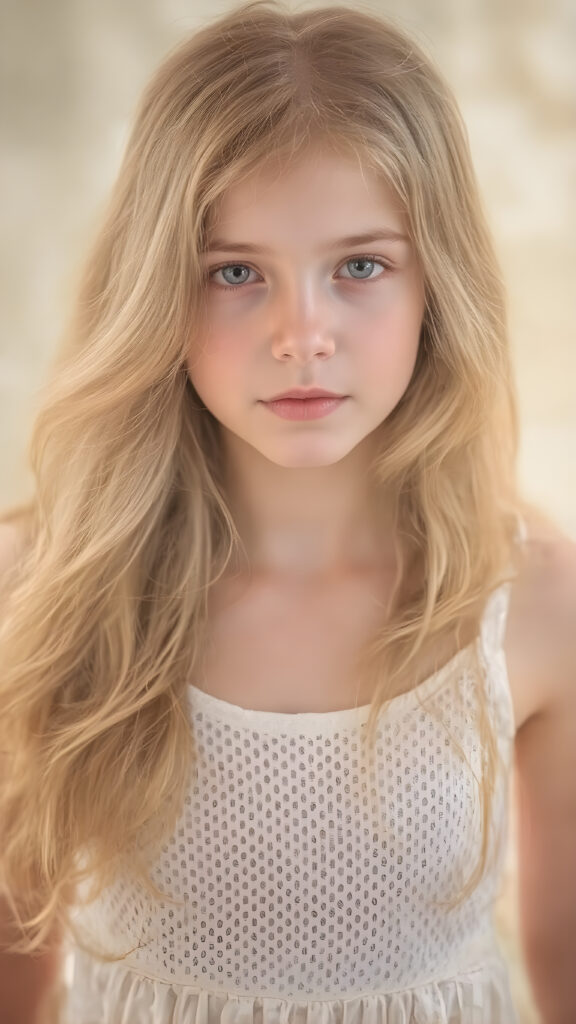 Full body view of a (((beautiful young girl))), with flowing, (((long, wavy hair))), that softly flows like a waterfall, cascading down to her shoulders and framing her face in a halo. Her skin is as (((pale as porcelain))), with a (warm, inviting glow) surrounding her, emanating from her hair and illuminating her face and shoulders. She's dressed in a ((white, eyelet dress)) that complements her outfit; its elegant design and luxurious details reflect the style of classic Hollywood. The scene creates a breathtaking fantasy atmosphere, evoking a sense of wonder and elegance