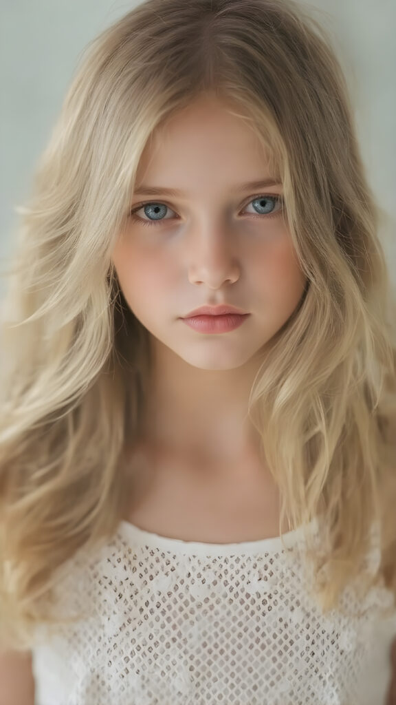 Full body view of a (((beautiful young girl))), with flowing, (((long, wavy hair))), that softly flows like a waterfall, cascading down to her shoulders and framing her face in a halo. Her skin is as (((pale as porcelain))), with a (warm, inviting glow) surrounding her, emanating from her hair and illuminating her face and shoulders. She's dressed in a ((white, eyelet dress)) that complements her outfit; its elegant design and luxurious details reflect the style of classic Hollywood. The scene creates a breathtaking fantasy atmosphere, evoking a sense of wonder and elegance