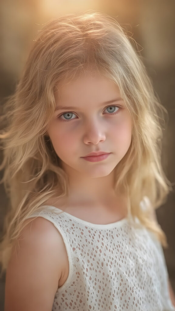 Full body view of a (((beautiful young girl))), with flowing, (((long, wavy hair))), that softly flows like a waterfall, cascading down to her shoulders and framing her face in a halo. Her skin is as (((pale as porcelain))), with a (warm, inviting glow) surrounding her, emanating from her hair and illuminating her face and shoulders. She's dressed in a ((white, eyelet dress)) that complements her outfit; its elegant design and luxurious details reflect the style of classic Hollywood. The scene creates a breathtaking fantasy atmosphere, evoking a sense of wonder and elegance