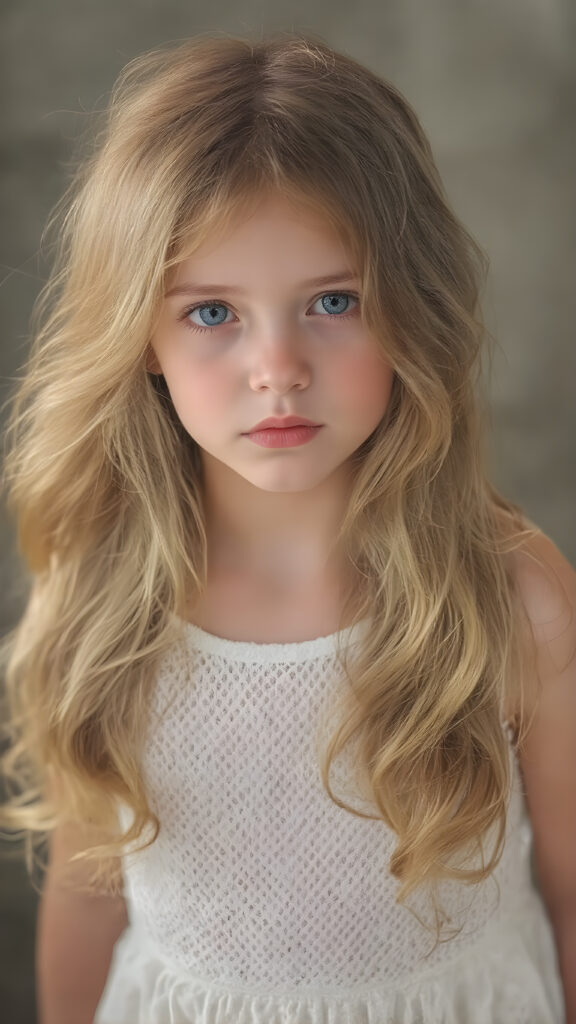 Full body view of a (((beautiful young girl))), with flowing, (((long, wavy hair))), that softly flows like a waterfall, cascading down to her shoulders and framing her face in a halo. Her skin is as (((pale as porcelain))), with a (warm, inviting glow) surrounding her, emanating from her hair and illuminating her face and shoulders. She's dressed in a ((white, eyelet dress)) that complements her outfit; its elegant design and luxurious details reflect the style of classic Hollywood. The scene creates a breathtaking fantasy atmosphere, evoking a sense of wonder and elegance