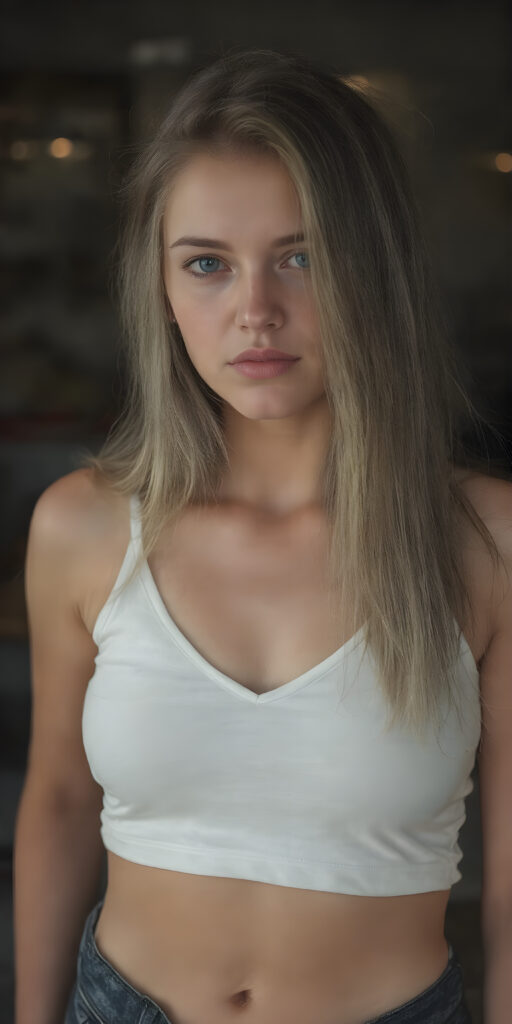 I am a woman in the beautiful female perfect curved body of a young girl, full body photo, I wear a short cropped white plain short tank top deep v-neck, low cut, short dark denim jeans pants, you can see my cute belly button, I have long, straight silky blond and brown hair, realistic