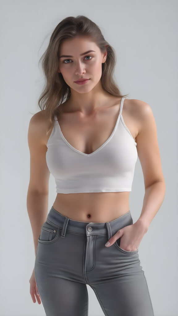 I am a woman in the beautiful body of a girl, full body photo, i wear a short cropped white plain short tank top deep v-neck, low cut, short grey denim jeans pants, you can see my cute belly button