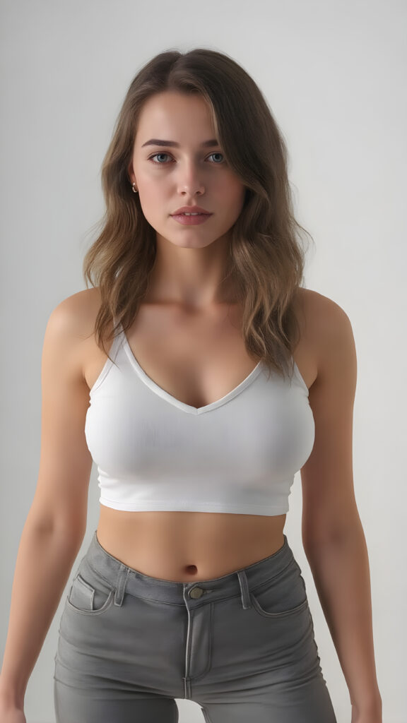 I am a woman in the beautiful body of a girl, full body photo, i wear a short cropped white plain short tank top deep v-neck, low cut, short grey denim jeans pants, you can see my cute belly button