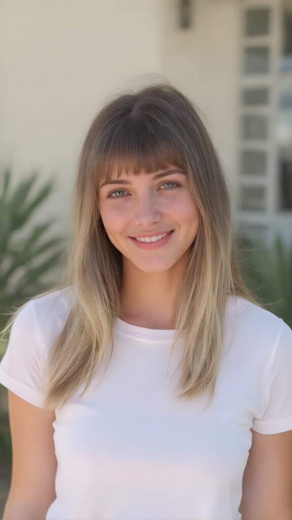 I'm not a girl who boasts a sleek, sophisticated silhouette, like a woman in her twenties, with delicate soft straight brown and blond half long hair, bangs that frames her face beautifully. Her smile radiates warmth and confidence, accentuating the perfect symmetry that complements her youthful beauty. Despite her petite frame, she exudes an air of confidence and poise, making her presence captivating and inviting, all against a sunny backdrop outdoor, white plain sleek t-shirt