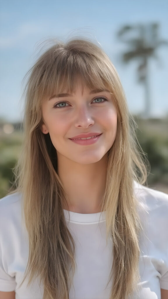 I'm not a girl who boasts a sleek, sophisticated silhouette, like a woman in her twenties, with delicate soft straight brown and blond half long hair, bangs that frames her face beautifully. Her smile radiates warmth and confidence, accentuating the perfect symmetry that complements her youthful beauty. Despite her petite frame, she exudes an air of confidence and poise, making her presence captivating and inviting, all against a sunny backdrop outdoor, white plain sleek t-shirt