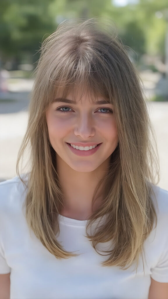 I'm not a girl who boasts a sleek, sophisticated silhouette, like a woman in her twenties, with delicate soft straight brown and blond half long hair, bangs that frames her face beautifully. Her smile radiates warmth and confidence, accentuating the perfect symmetry that complements her youthful beauty. Despite her petite frame, she exudes an air of confidence and poise, making her presence captivating and inviting, all against a sunny backdrop outdoor, white plain sleek t-shirt