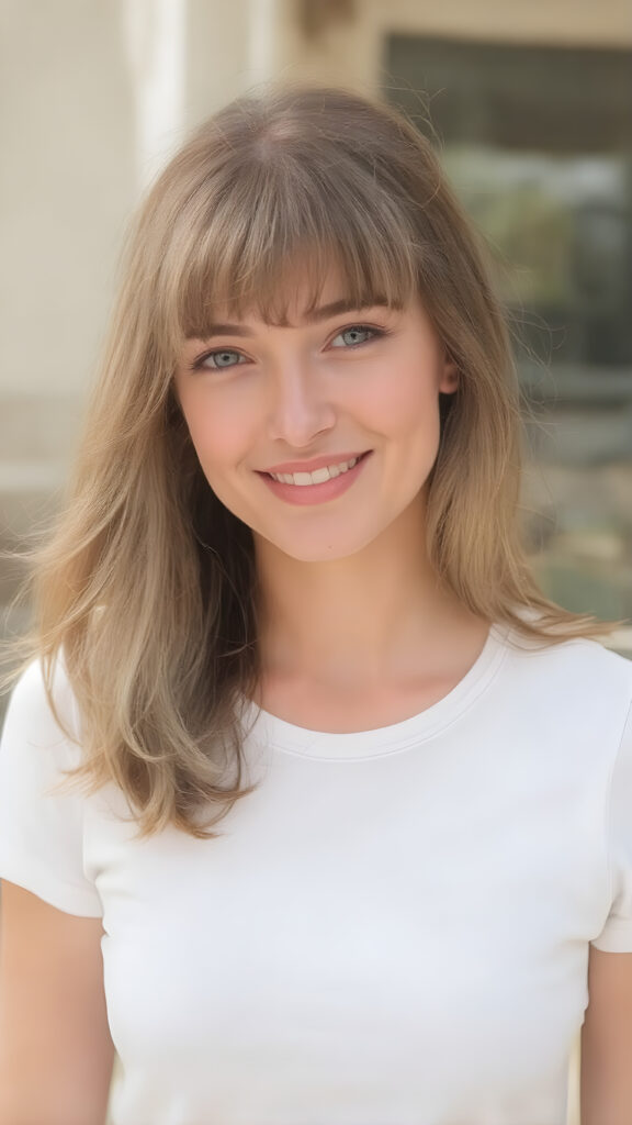 I'm not a girl who boasts a sleek, sophisticated silhouette, like a woman in her twenties, with delicate soft straight brown and blond half long hair, bangs that frames her face beautifully. Her smile radiates warmth and confidence, accentuating the perfect symmetry that complements her youthful beauty. Despite her petite frame, she exudes an air of confidence and poise, making her presence captivating and inviting, all against a sunny backdrop outdoor, white plain sleek t-shirt