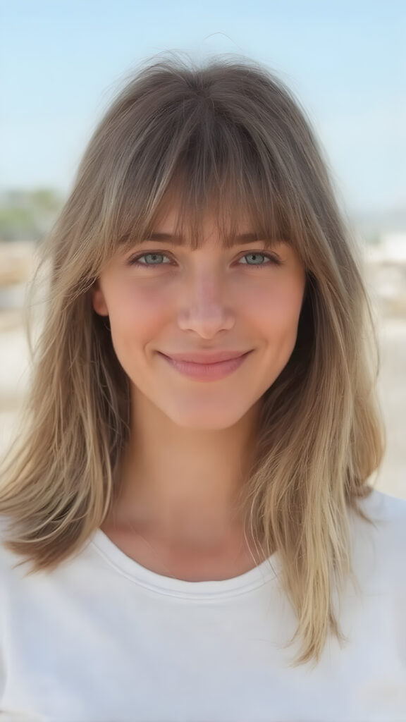 I'm not a girl who boasts a sleek, sophisticated silhouette, like a woman in her twenties, with delicate soft straight brown and blond half long hair, bangs that frames her face beautifully. Her smile radiates warmth and confidence, accentuating the perfect symmetry that complements her youthful beauty. Despite her petite frame, she exudes an air of confidence and poise, making her presence captivating and inviting, all against a sunny backdrop outdoor, white plain sleek t-shirt