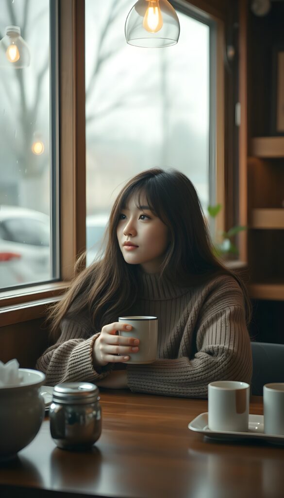 In a cozy café with a wooden interior, a girl sits at a table, drinking coffee from a mug and watching the rain through the window. She is wearing a fine, brown wool sweater, long, sof hair.