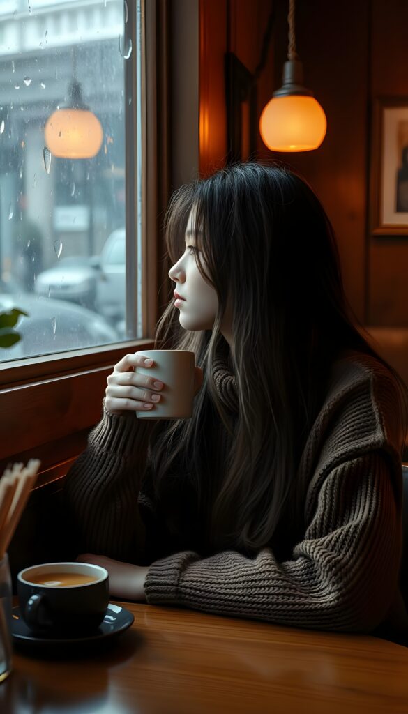 In a cozy café with a wooden interior, a girl sits at a table, drinking coffee from a mug and watching the rain through the window. She is wearing a fine, brown wool sweater, long, sof hair.