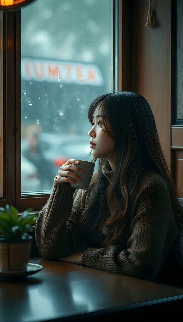 In a cozy café with a wooden interior, a girl sits at a table, drinking coffee from a mug and watching the rain through the window. She is wearing a fine, brown wool sweater, long, sof hair.