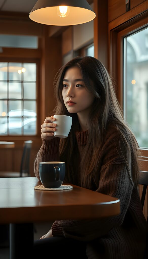 In a cozy café with a wooden interior, a girl sits at a table, drinking coffee from a mug and watching the rain through the window. She is wearing a fine, brown wool sweater, long, sof hair.