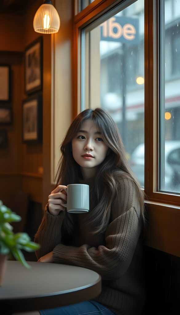In a cozy café with a wooden interior, a girl sits at a table, drinking coffee from a mug and watching the rain through the window. She is wearing a fine, brown wool sweater, long, sof hair.